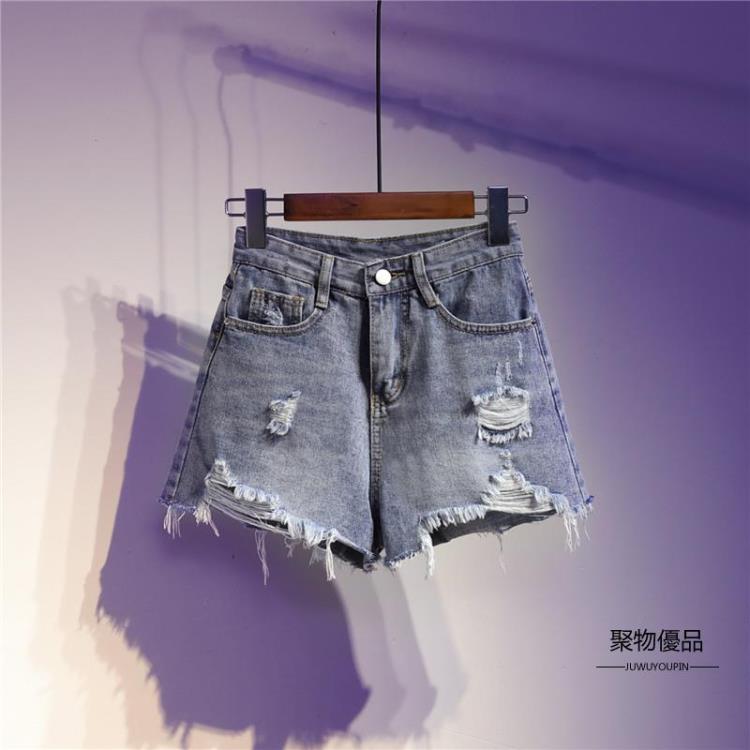 女生牛仔褲推薦，牛仔短褲推薦到夏天破洞牛仔短褲女夏裝大碼胖妹妹高腰顯瘦休閒百搭外穿熱褲【聚物優品】