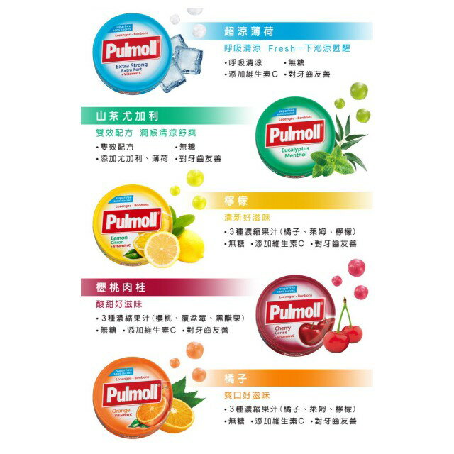 Pulmoll 寶潤無糖潤喉糖超涼薄荷/山茶尤加利/橘子/櫻桃/檸檬45g