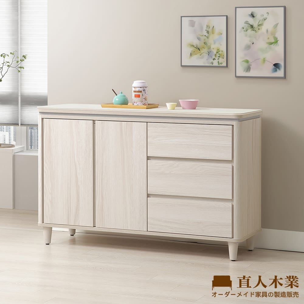 【直人木業】TESS淺橡極簡風亮面白陶板櫥櫃122公分