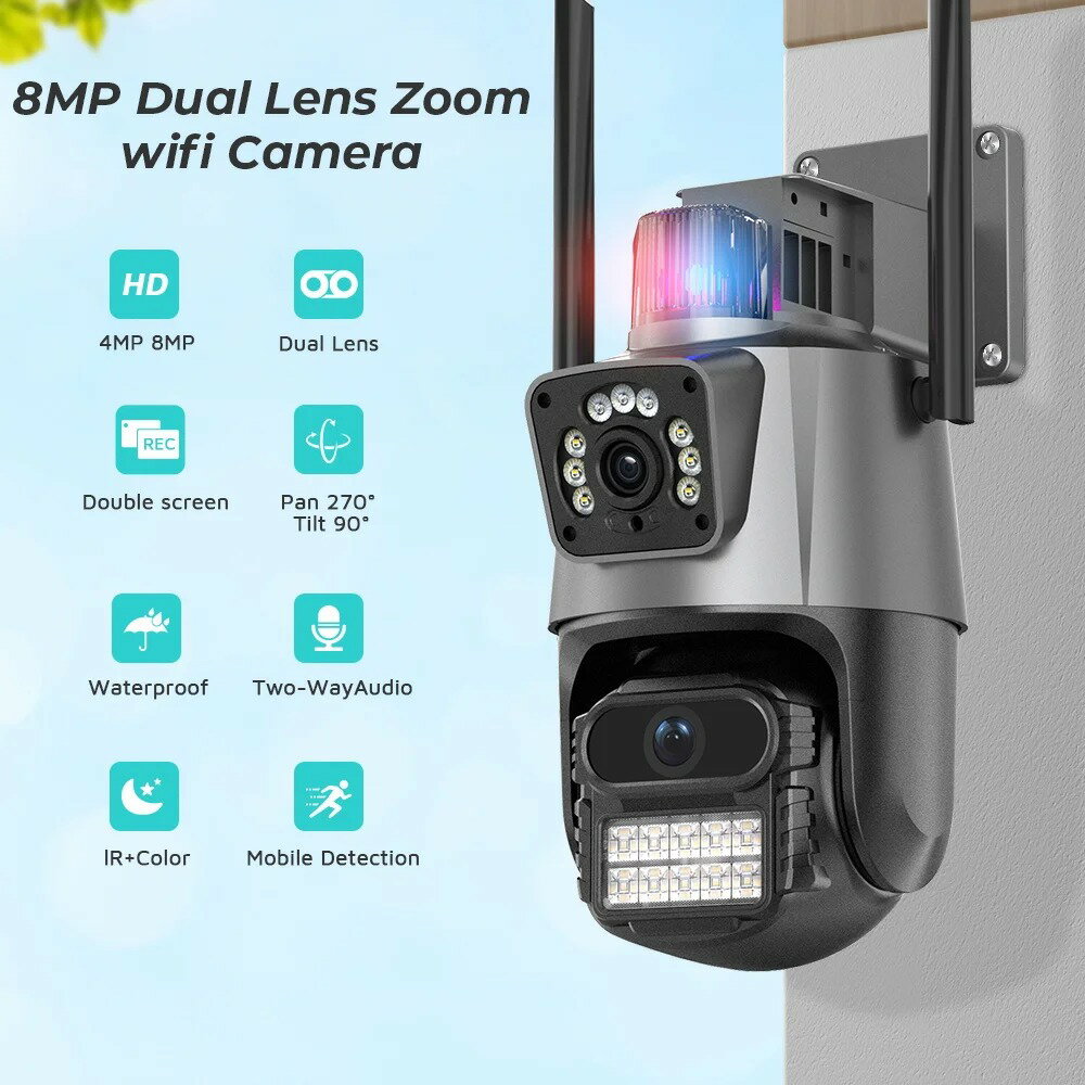 【日本代購】8MP 4K Wifi 相機雙鏡頭安全保護防水安全閉路電視視訊監控攝影機警燈警報 IP 攝影機 + 128G SD卡