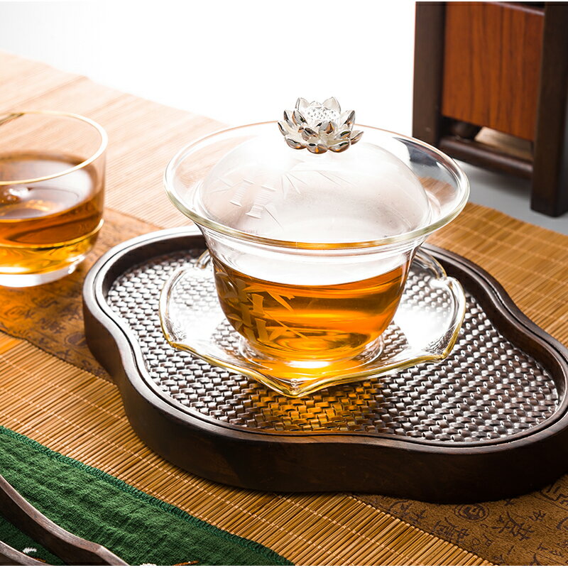 宏虎日式耐熱玻璃蓋碗 描金銀蓮花手工雕刻竹透明三才碗大號茶碗