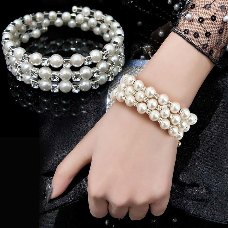 韓版時尚多層珍珠鑲鉆纏繞螺旋手鏈寬手鐲女彈力寬手環