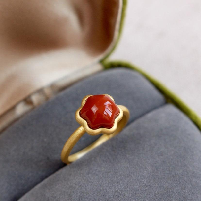 仿南紅鍍銀戒指鑲鍍金蛋面古法金工藝簡約潮流時尚活口可調節大小