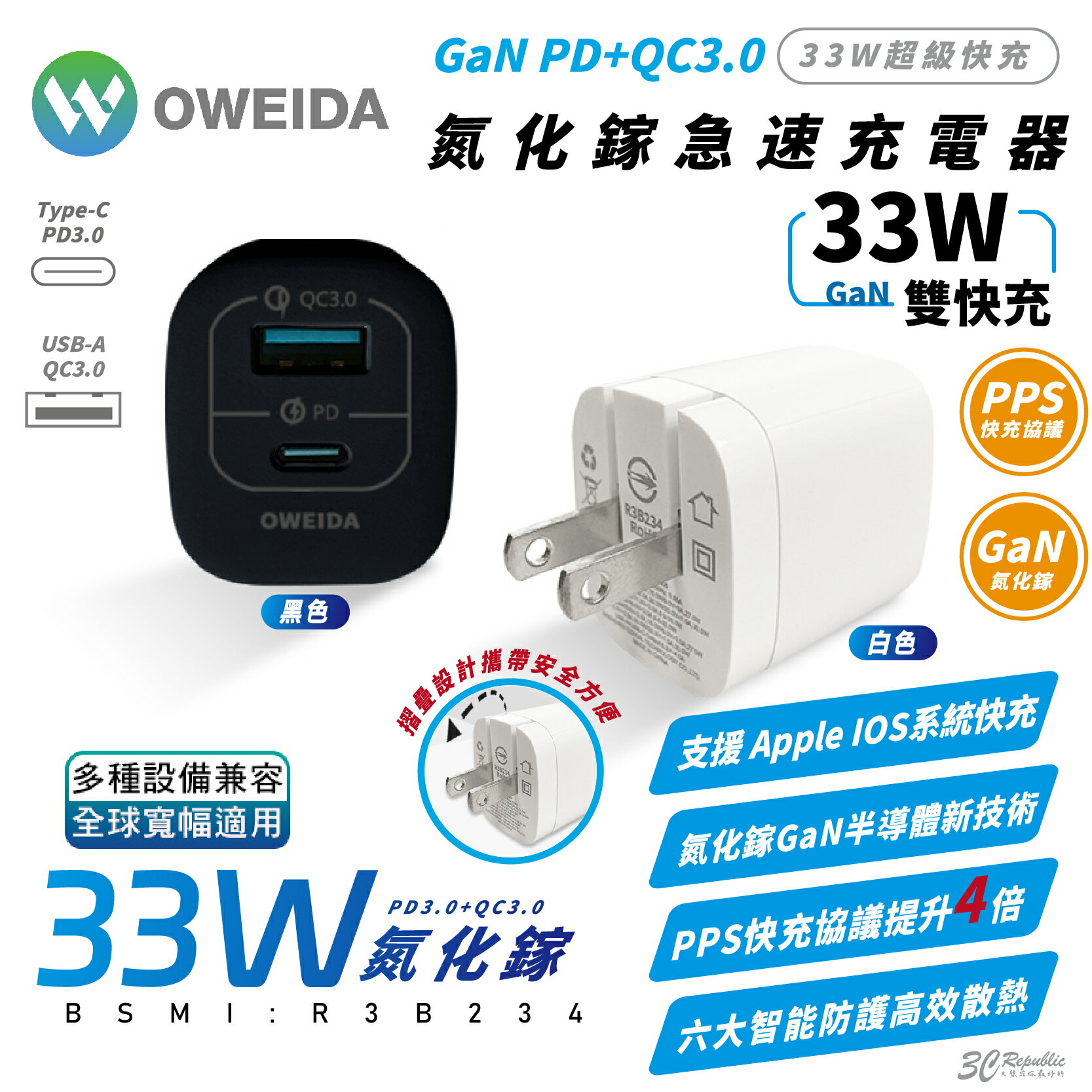 【8%點數】Oweida 33W GaN PD Type C A 充電器 充電頭 快充頭 適 iPhone 15 14 S24