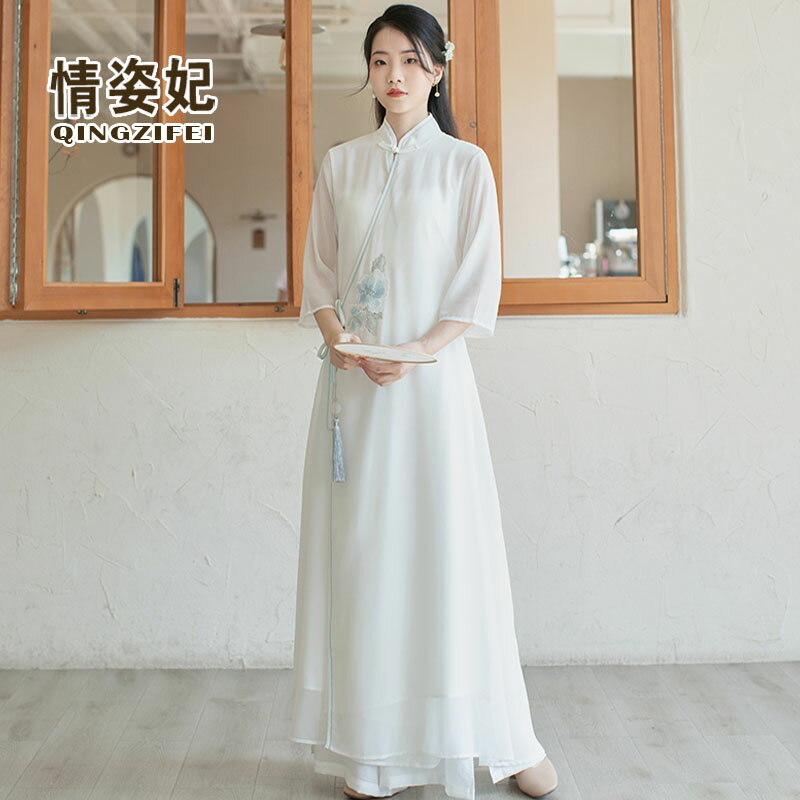 漢服女中國風改良旗袍禪意茶服禪服夏季白色古風仙氣連衣裙兩件套