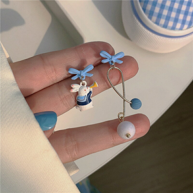 藍色蝴蝶結耳釘~可愛甜美兔子不對稱耳環ins新款潮耳飾女耳夾
