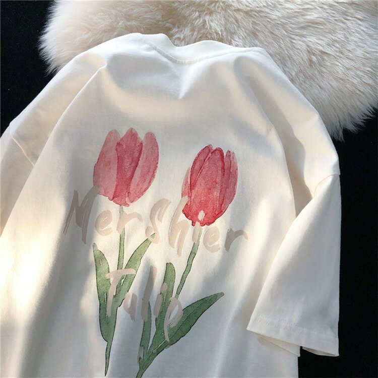 跨境2024韓版郁金香印花白色短袖T恤女夏季新款寬松慵懶風女上衣