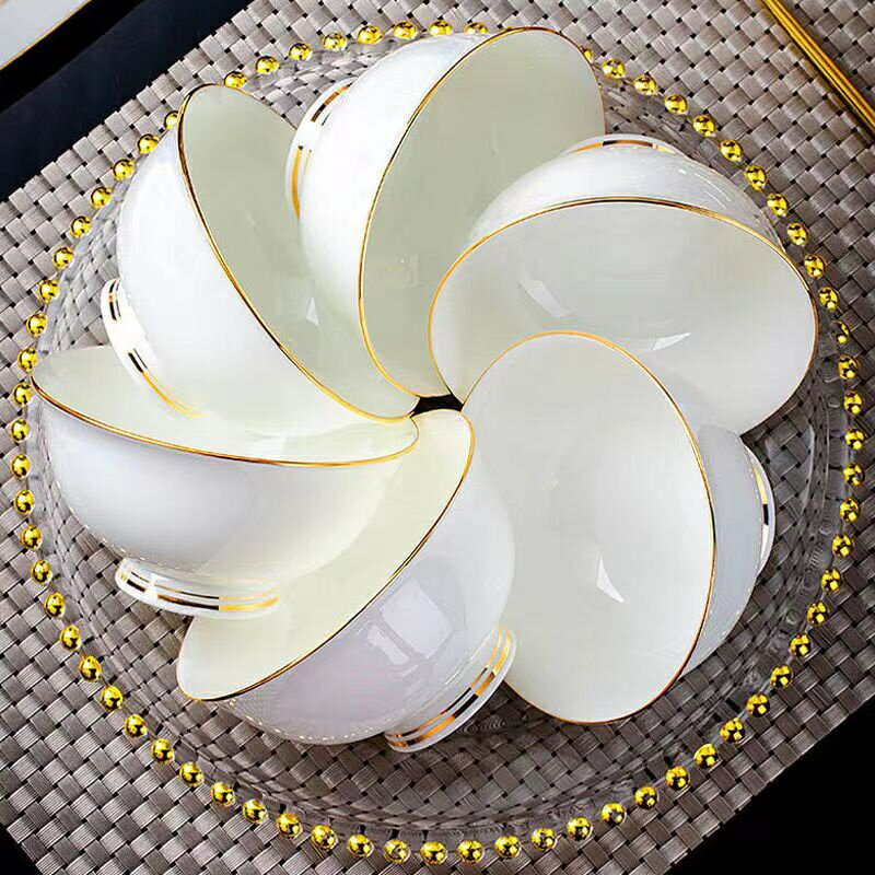 碗碟 套裝 家用 描金 高腳 碗 米飯 碗 景德鎮 陶瓷 餐具 吃飯 防燙 陶瓷 碗 面碗