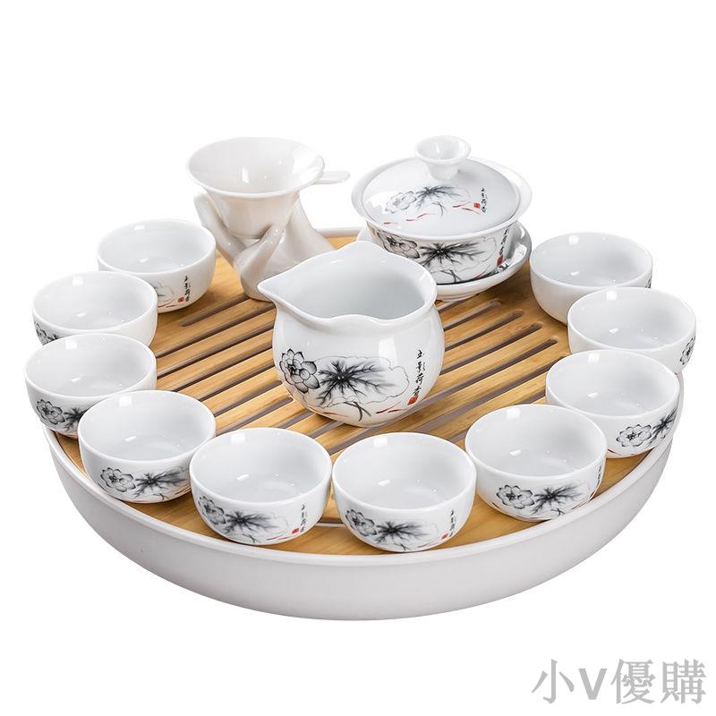 功夫茶具套組家用簡約客廳整套陶瓷蓋碗茶杯托盤儲水茶盤密胺盤