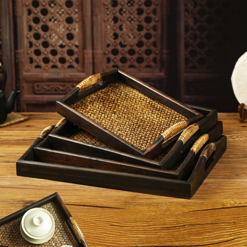 泰國木質藤編托盤新中式美容院長方形客廳家用復古竹編泰式小茶盤