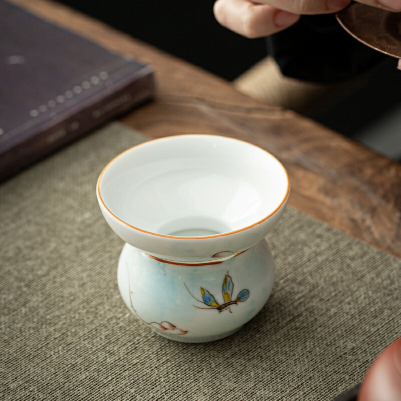 創意手繪茶濾網紗布帶托架陶瓷功夫茶具配件茶漏網過濾茶葉茶隔器