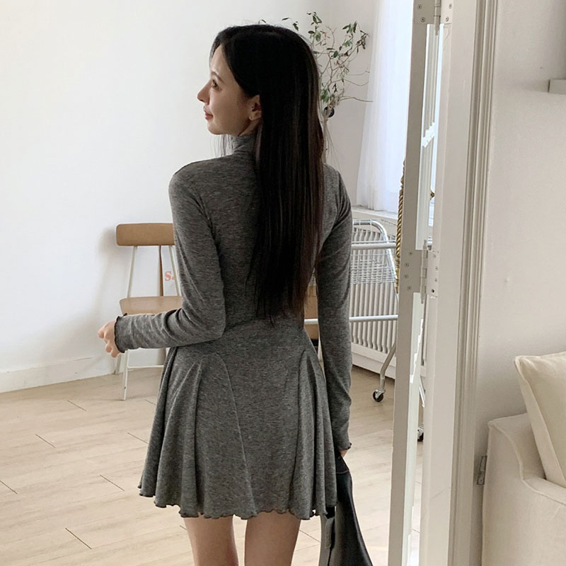 ANNAS 正韓顯身材高領傘裙洋裝 棉質彈性貼身洋裝 長袖高領洋裝 腰身顯瘦A字裙 性感合身素面 5