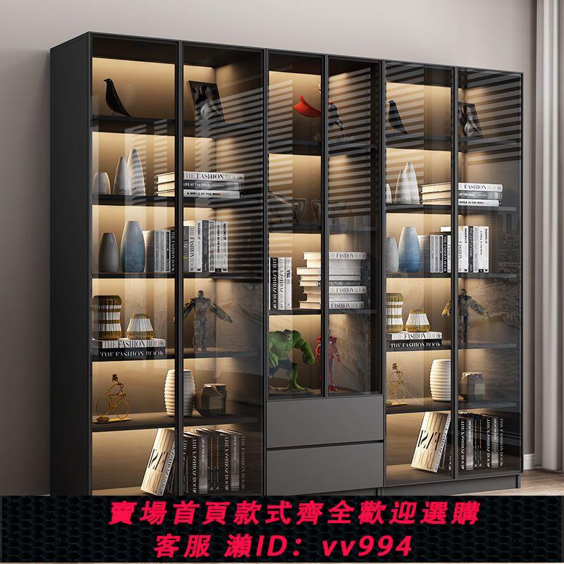 {公司貨 最低價}輕奢書櫃帶玻璃門落地書架簡約現代客廳酒櫃書櫥實木手辦展示櫃子