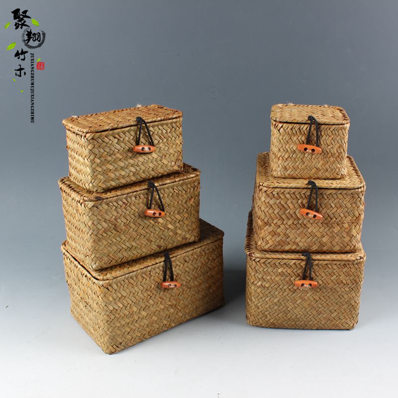 小號天然海草手工編織茶葉禮盒帶蓋方形收納盒桌面收納