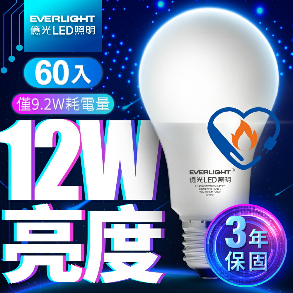 【Everlight 億光】60入組 9.2W/12W/12.2W 超節能plus LED燈泡 BSMI 節能標章 3年保固(白光/黃光)