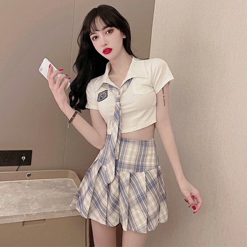 格格家 夏季網紅主播學院風性感百褶裙jk制服格子半身短裙兩件套