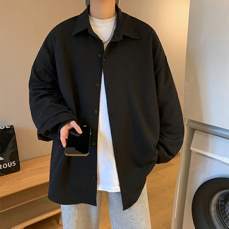 春夏季垂墜感襯衫男長袖痞帥高階感襯衣外套男士寬松大碼防曬衣服