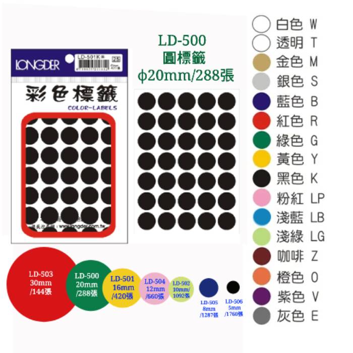 【史代新文具】龍德 LONGDER 彩色標籤 LD-500 圓點標籤 20mm/288pcs