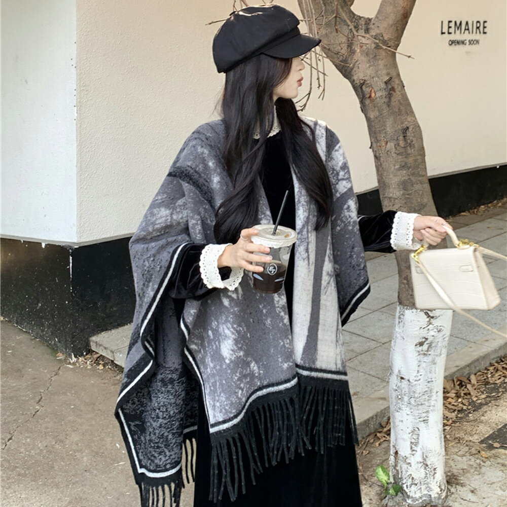 ＊ORead＊文藝復古水墨畫雙面披肩斗篷保暖外搭披風外套(圖片色F碼)【限定加碼✿全館滿額再折】