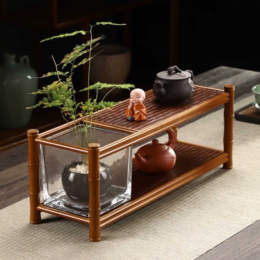 楠竹茶杯架帶玻璃缸雙層竹製茶棚茶壺茶具收納展示架多寶閣博古架223-YJ 公司貨