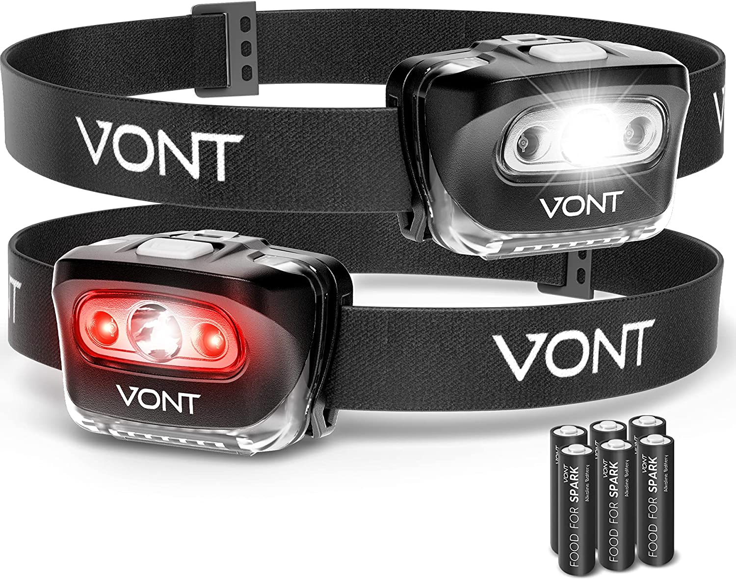 【美國代購】Vont「Spark」LED 頭燈手電筒 （2 件裝）超亮頭燈裝備 適合跑步、露營、健行、登山、釣魚、狩獵、慢跑、具有紅燈的頭燈 - 成人、兒童使用