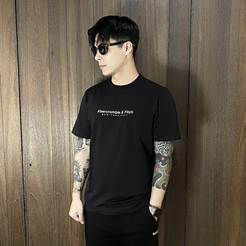 美國百分百【全新真品】Abercrombie & Fitch 短袖 棉質 T恤 AF 上衣 logo 短T 黑色/軍綠 CX98