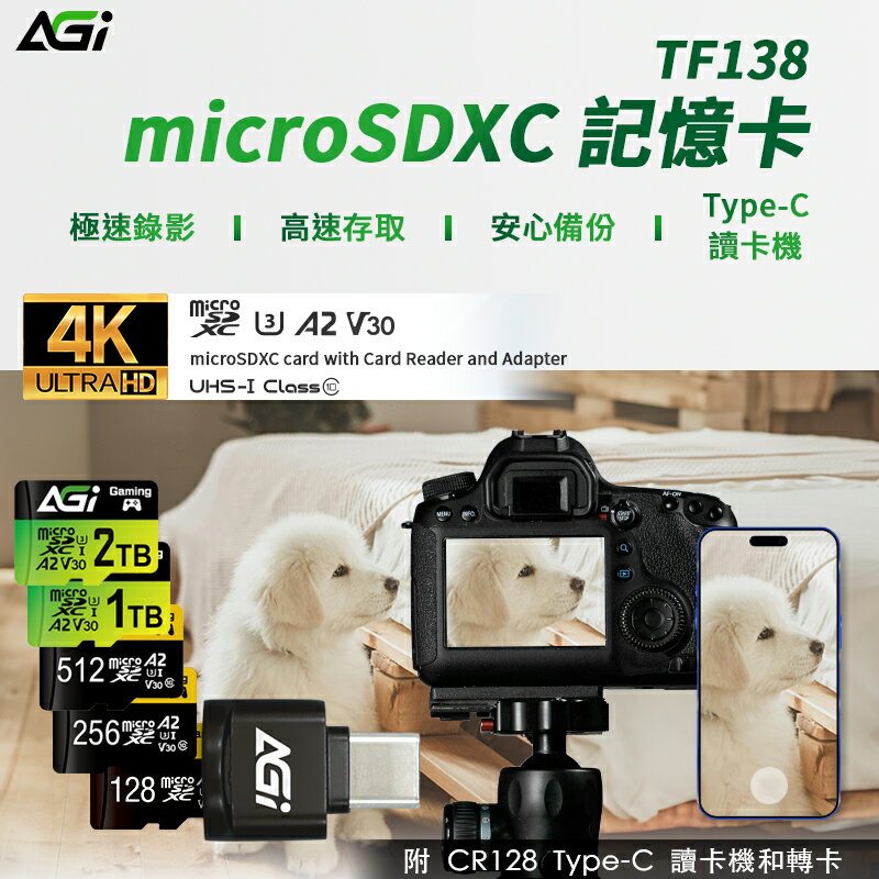 AGI 亞奇雷 TF138 microSDXC 記憶卡 附Type-C讀卡機／轉卡 128 256 512GB 記憶卡