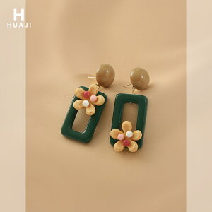 花跡綠色幾何耳環女新款高端輕奢花朵耳飾小眾特別設計感花朵耳墜