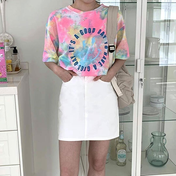 ANNAS 正韓 笑臉 暈染 渲染 短袖 T 上衣 棉T 扎染 水彩 潑漆 漸層 彩色 彩虹 螢光 微笑 潮流 韓國 1