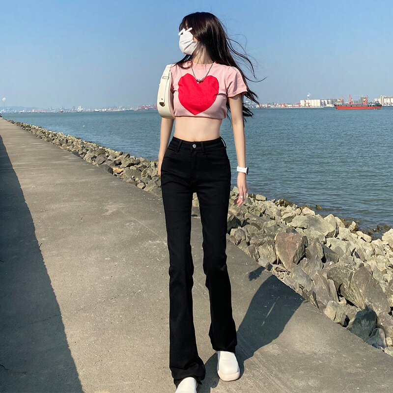 微喇叭牛仔褲女春裝2022新款黑色高腰加長拖地褲修身顯瘦馬蹄褲子