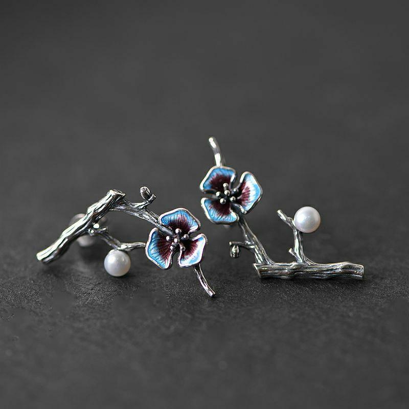 景泰藍耳釘女925純銀針復古時尚中國風燒藍梅花珍珠氣質樹枝耳飾