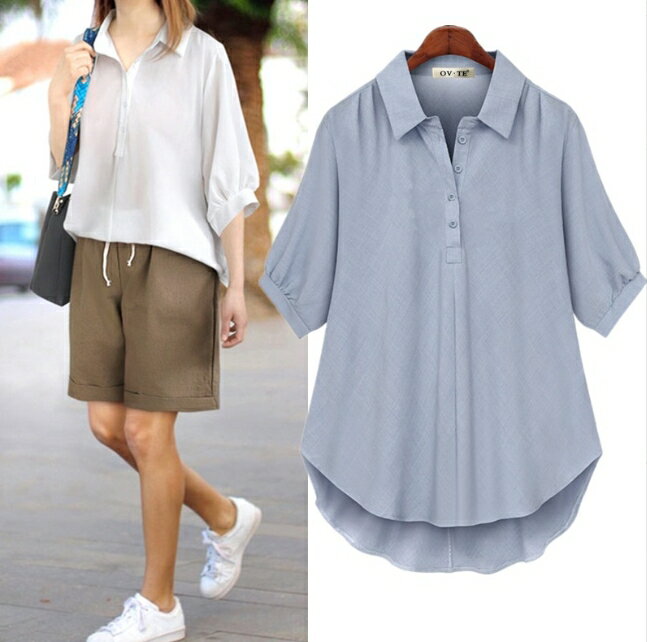 中大尺碼女裝~歐美大碼寬鬆五分袖上衣 棉麻襯衫 純色上衣 胖MM都可以穿 1 中大尺碼女裝~歐美大碼寬鬆五分袖上衣 棉麻襯衫 純色上衣 胖MM都可以穿 1
