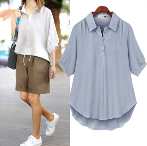 中大尺碼女裝~歐美大碼寬鬆五分袖上衣 棉麻襯衫 純色上衣 胖MM都可以穿 1