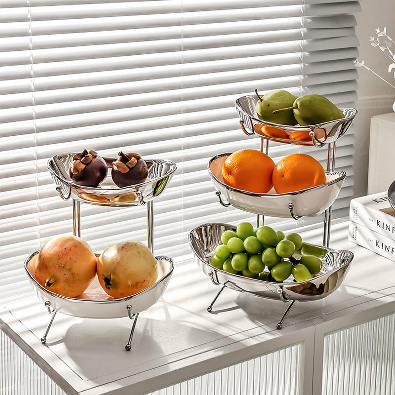 輕奢陶瓷果盤家用多層水果盤高顏值干果盤電鍍工藝元寶糖果盤