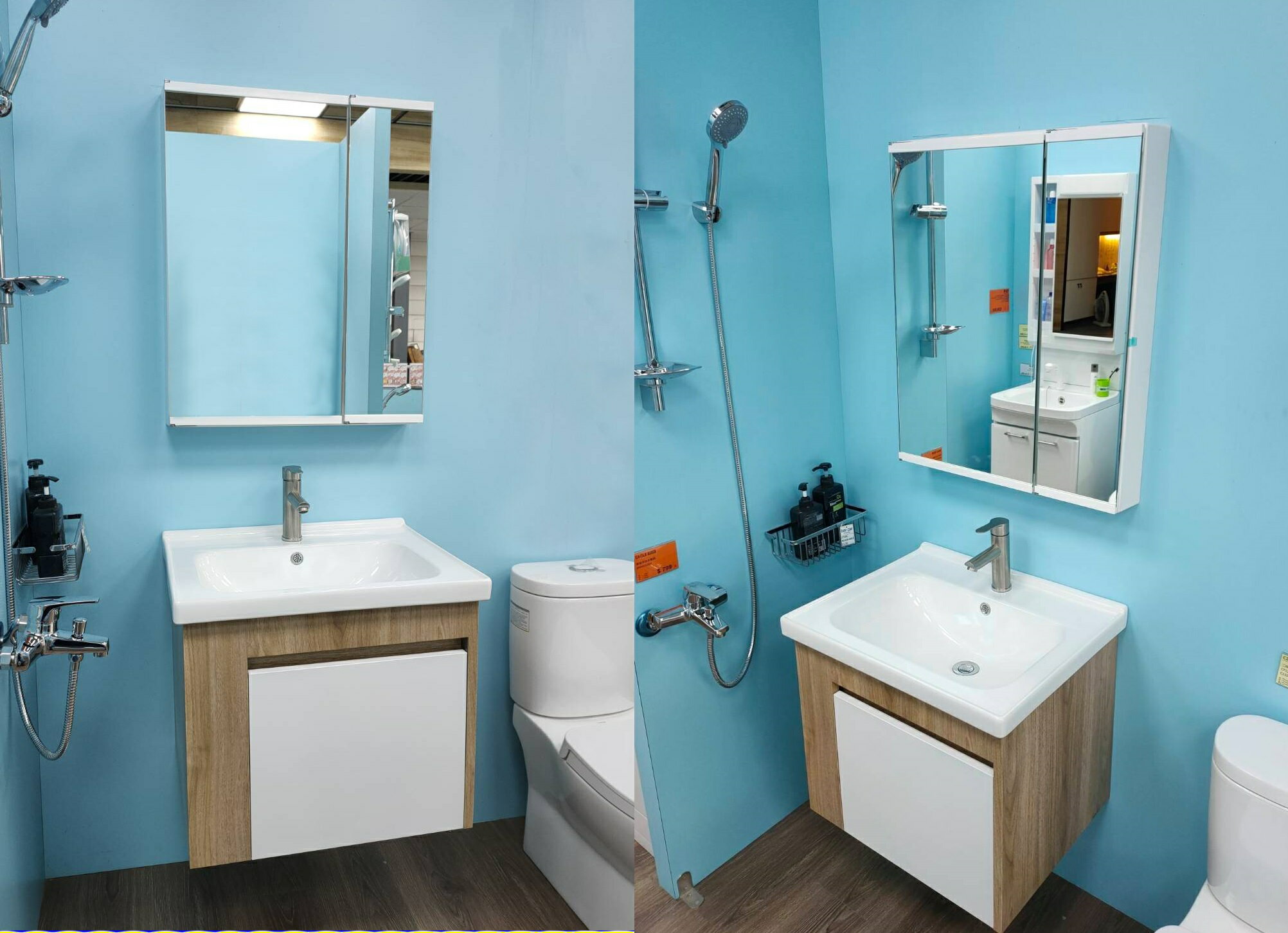 超值三件組 日式A鏡ABS收納鏡櫃+立體瓷盆搭配不鏽鋼浴櫃組+不鏽鋼面盆龍頭(LAMB-60A+6148)