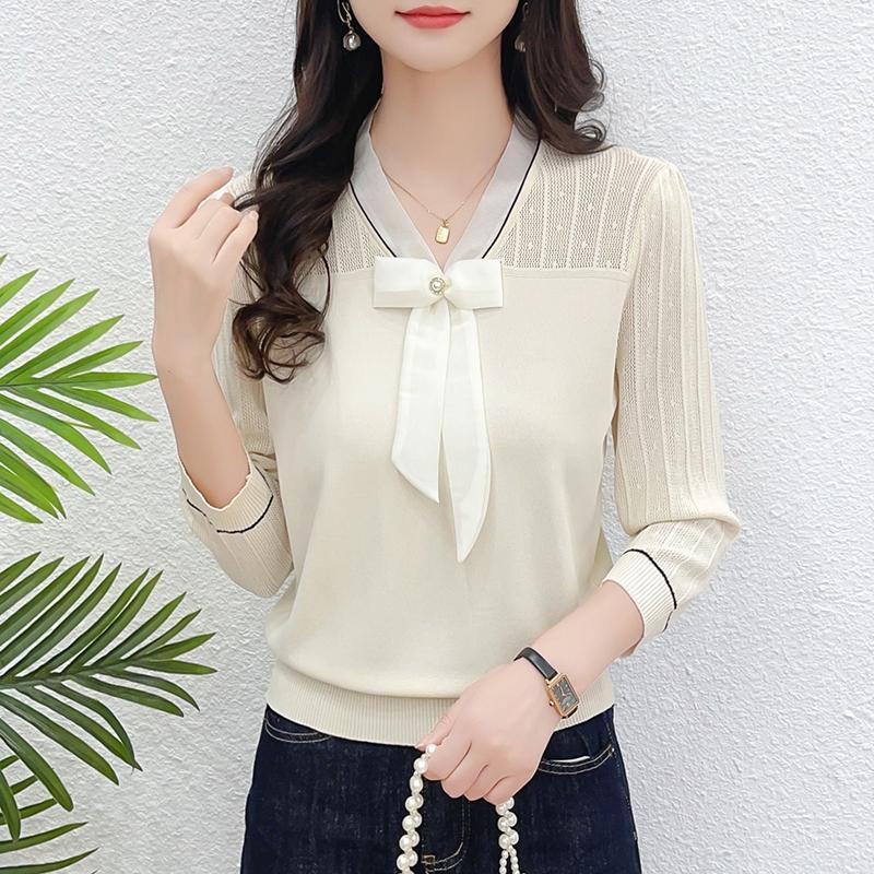 現貨+預購 針織衫七分袖T恤-蝴蝶結V領春夏鏤空女上衣2色74kx34【獨家進口】【米蘭精品】