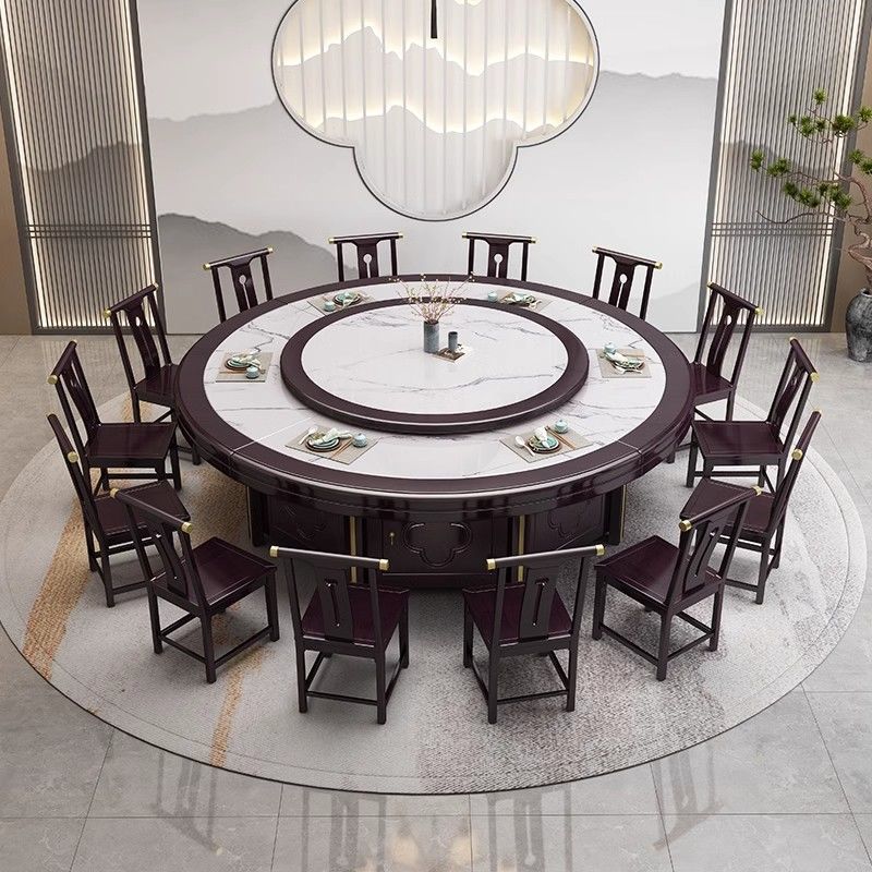 中式餐桌椅餐桌組合巖板電磁爐家用圓形圓桌轉盤飯店實木餐廳飯桌