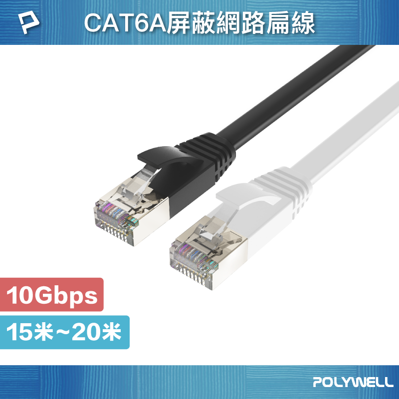 POLYWELL CAT6A扁線 15米 20米 高速網路線 RJ45 福祿克認證 寶利威爾 台灣現貨【全館299免運＋領券再折】