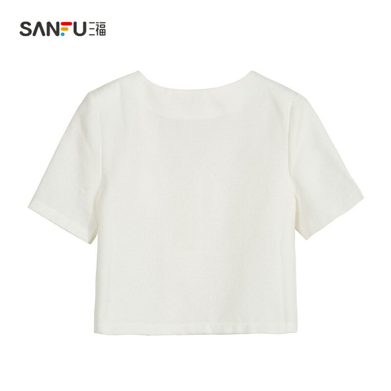 三福T恤夏季新薄法式復古氣質小香風單排扣V領短袖款上衣女裝