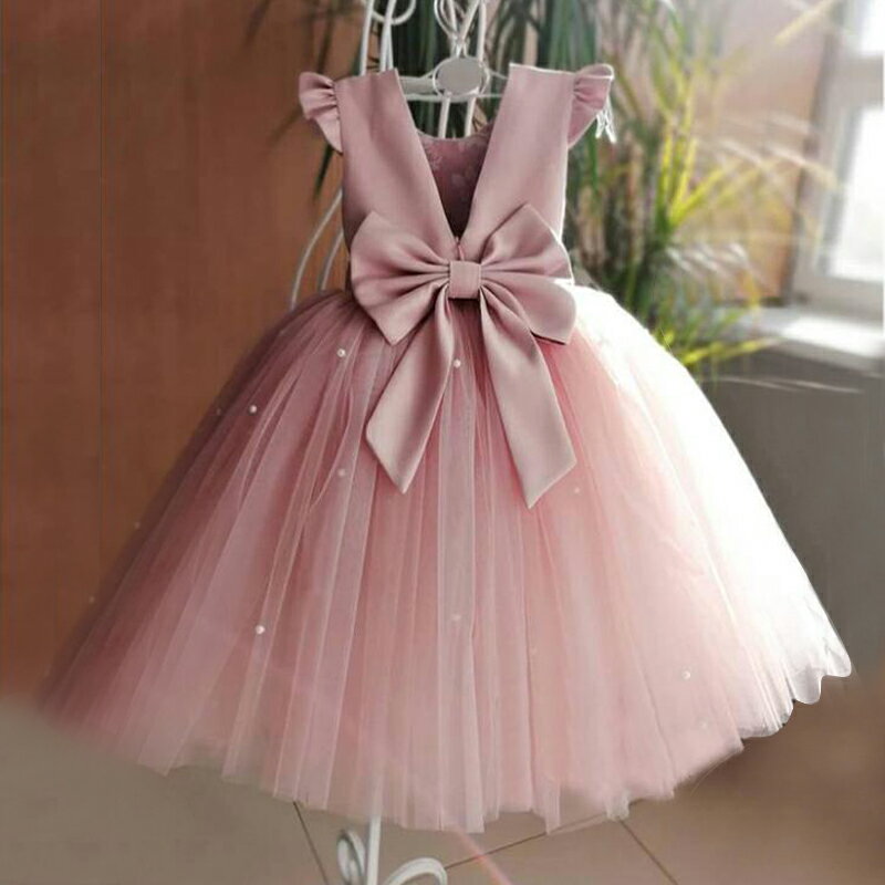 新款女童歐美生日公主裙粉色花童蓬蓬紗裙兒童鋼琴表演紗禮服
