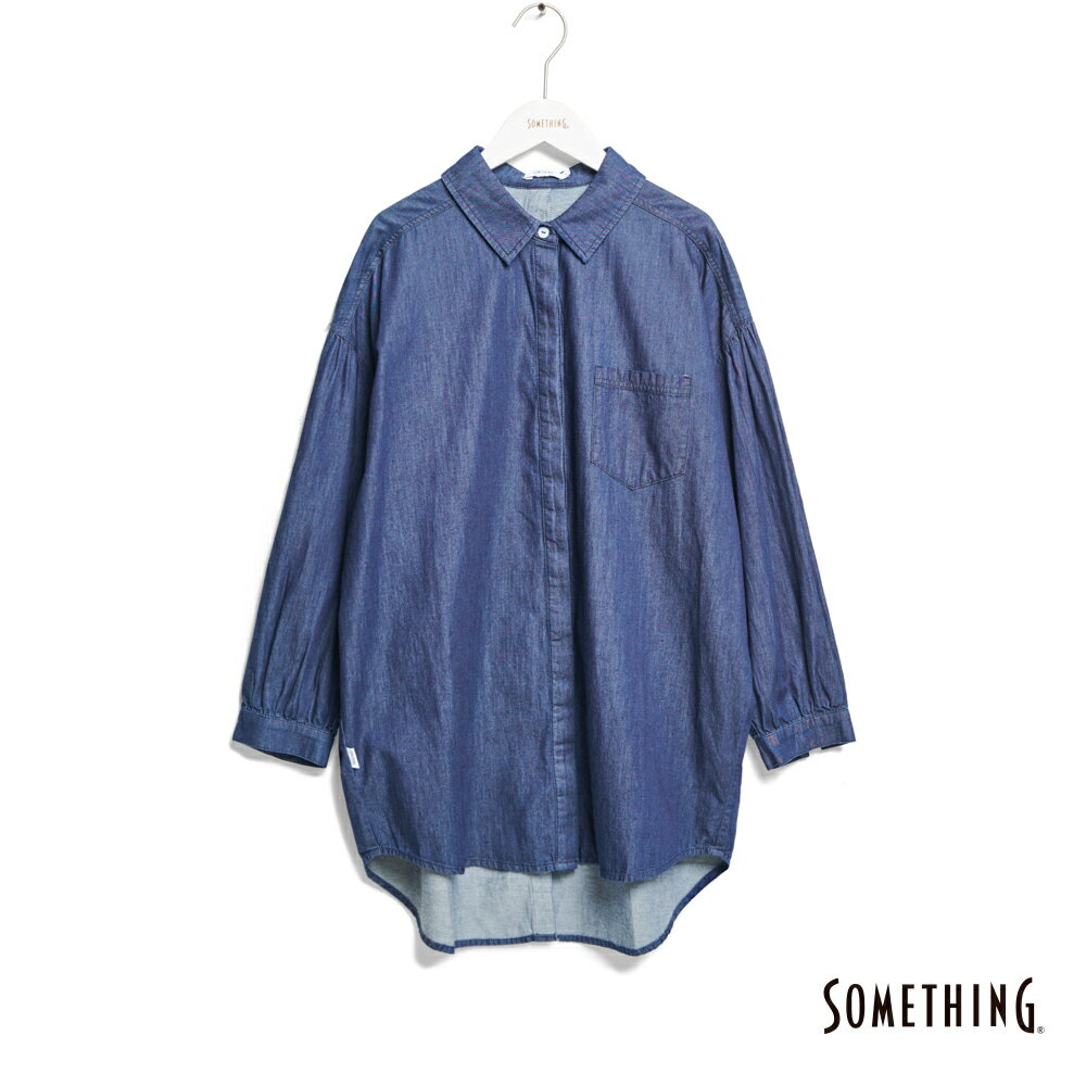 SOMETHING 女款 前後開襟長版長袖襯衫 (酵洗藍)
