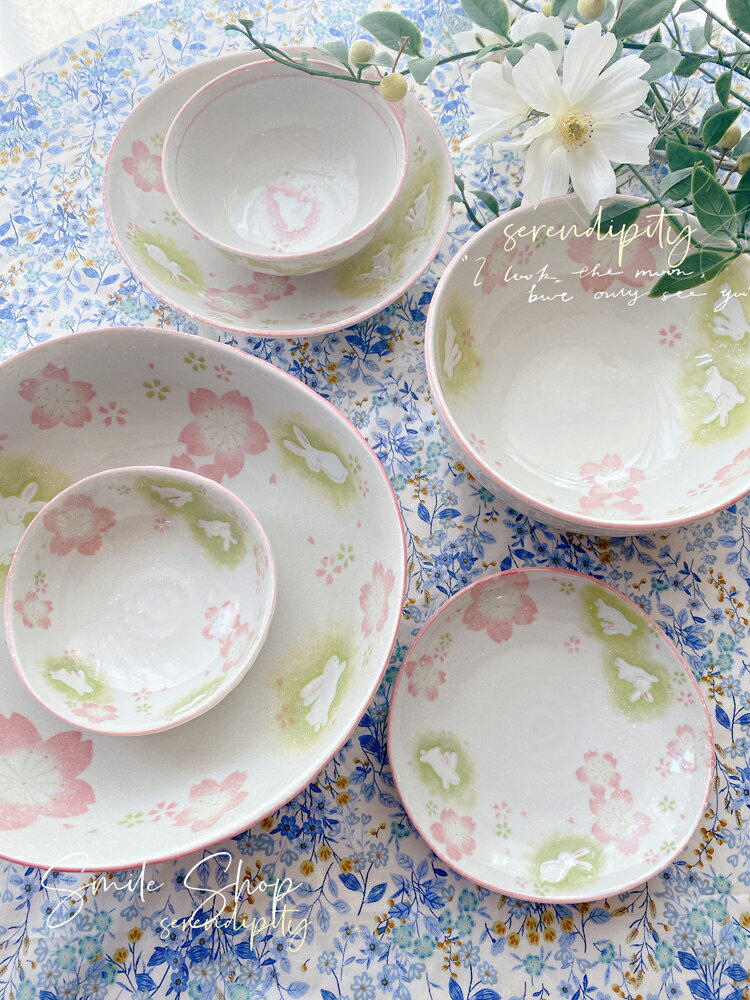 進口美濃燒陶瓷釉下彩櫻花兔子餐具料理盤子碗碟子面碗