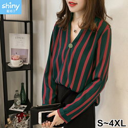 微甜秋語.扣子裝飾V領條紋長袖襯衫上衣- shiny藍格子【2572】★0304 - 0311滿499折50優惠券代碼 9YBE-BVOY-0FWM-N7UU★