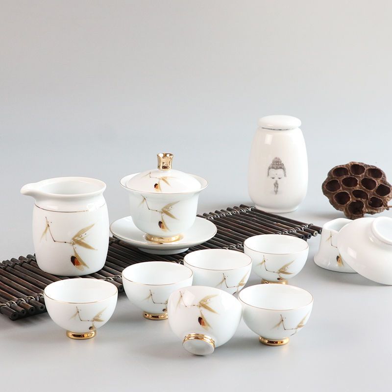 茶具套裝 德化白瓷羊脂玉功夫茶具套裝家用日式整套簡約現代小蓋碗喝茶壺杯-快速出貨