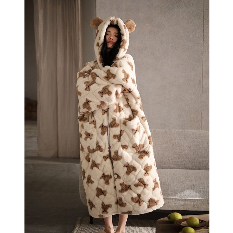 睡衣女新款秋冬季珊瑚絨三層夾棉睡袍可愛小熊保暖加絨加厚家居服 睡袍