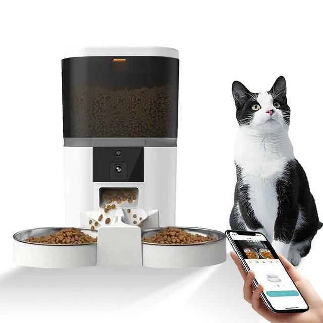 【日本代購】4L帶高清攝影機自動寵物餵食器貓狗糧自動分配器適合兩隻寵物貓狗餵食遠端餵食