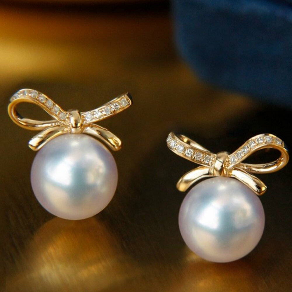 【醇想珠寶】女神套裝 Akoya 天然海水珍珠 耳釘 18K 金 鑽石 名媛風 都市時尚 氣質珍珠耳環