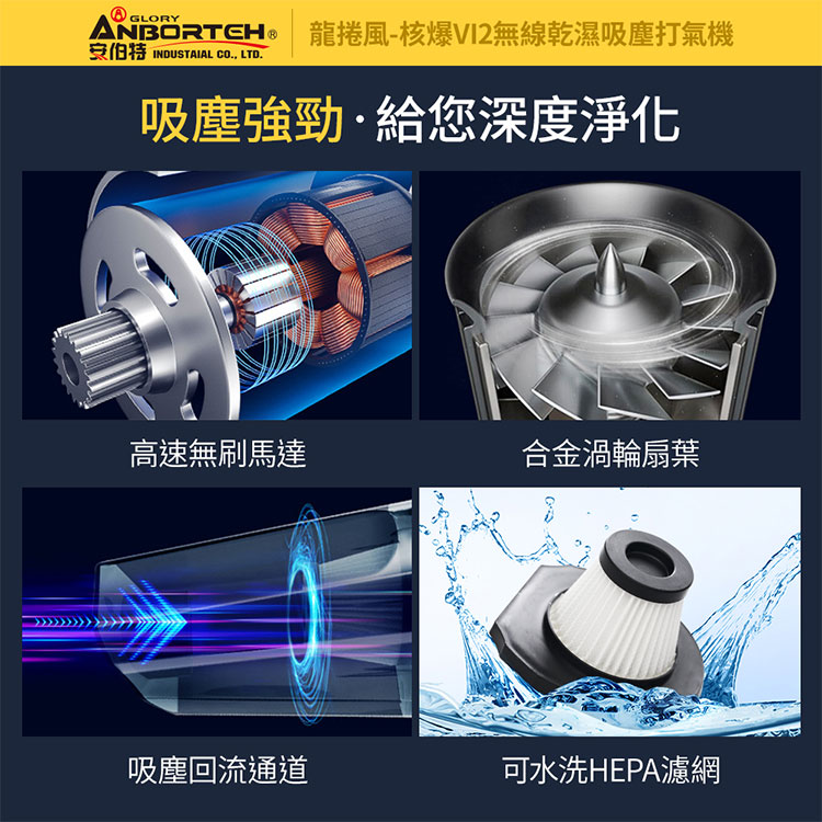 【安伯特】核爆VI2四合一無線吸塵打氣機 (USB充電 車用吸塵器 無線吸塵器 車用打氣機 檢測胎壓 緊急照明 乾濕兩用) 7