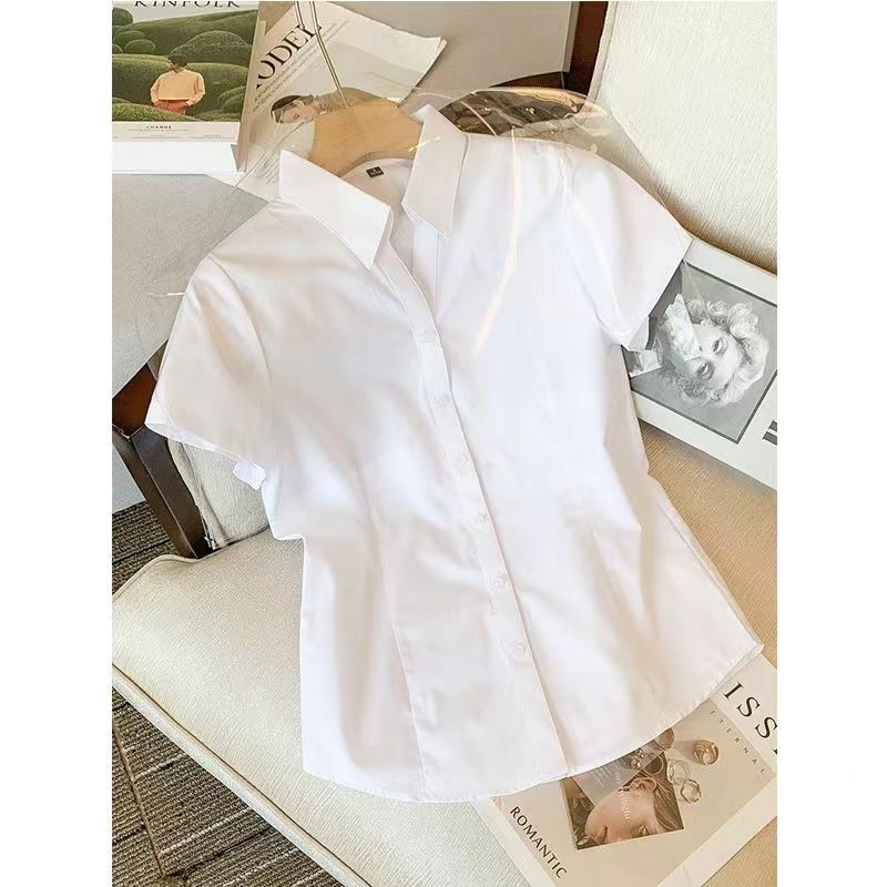 大尺碼襯衫女 白襯衫女V領短袖夏季新款速干高檔雪紡修身顯瘦職業正裝OL工作服 8