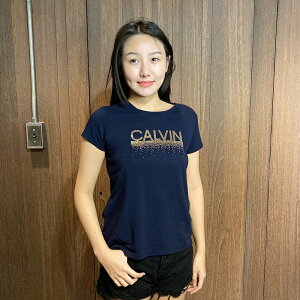 美國百分百【全新真品】Calvin Klein T恤 CK 女 短袖 圓領 T-shirt logo水鑽 深藍 BH64